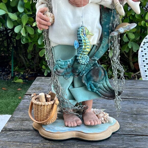 Large Artist Signed 2002 Tropical SANTA with Mermaid Seahorse Shells on Beach - Picture 3 of 16